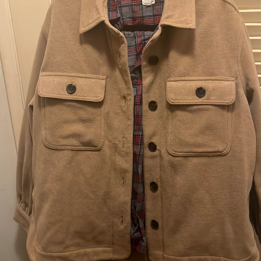 Tan Women's Jacket with Plaid Lining